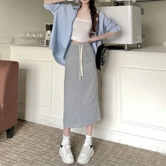 Aiertu Elegant Grey Long Skirts Women Korean Style Black Wrap Skirt Vintage Streetwear A-line Casual Solid All-match Skirts Aiertu