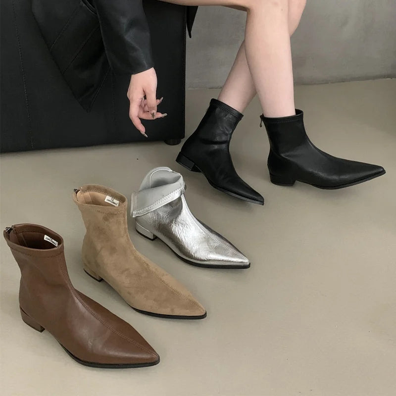 Ankle Boots Women Chunky Heels Pointed Toe Winter Shoes Women Flat Short Boot Brand Zipper Chelsea Booties Zapatillas Mujer Aiertu