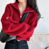 Autumn Winter Zipper Sweaters Women Solid Color High Neck Knitted Pullover Solid Red Loose Turndown Collar Women's Turtleneck Aiertu