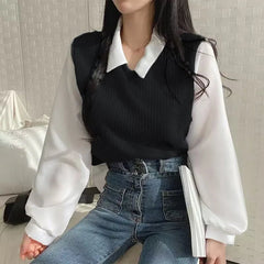 Aiertu Thread of Screw False Two-piece Polo Collar Sweatshirts Women Korean Patch Fashion Loose Female Pullovers Autumn Winter Y2k Tops Aiertu