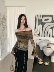 Aiertu Off Shoulder T Shirt Women Clothes Long Sleeve Indie Folk Flare Sleeve Mesh Tops Patchwork Knitted Tops Grunge Tees Y2k Aiertu