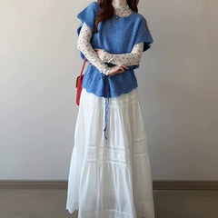 AIERTU - Spring French Blue Short Sleeve Pullovers Batwing Sweaters New Design Drawstring Lace Up Women'S Wave Cut Knitted Tops Y2K Aiertu