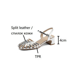 Aiertu Split Leather Women Sandals Round Toe Chunky Heel Summer Women Shoes Narrow Band Shoes for Women Handmade Shoes Aiertu