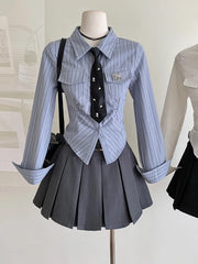 Aiertu Women JK Preppy Y2k Gyaru Kpop 2000s Outfits 2 Piece Set Long Sleeve Shirts With Tie Crop Tops + Mini Pleated Skirts With Belt Aiertu
