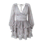 Aiertu Spring 2024 Women Sexy Backless Floral Print Dress Puff Sleeve V Neck Layered Ruffle Cake Mini Dresses Holiday Party Robe Aiertu