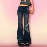 Aiertu Y2K Low Rise Flare Jeans for Woman Streetwear Aesthetic Print Jean Pants Vintage Washed Denim Trouser Grunge Fairycore Aiertu