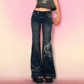 Aiertu Y2K Low Rise Flare Jeans for Woman Streetwear Aesthetic Print Jean Pants Vintage Washed Denim Trouser Grunge Fairycore Aiertu