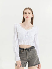 Aiertu French Pleated Lantern Long Sleeve Shirt For Women's 2022 Spring And Autumn New Vintage White Square Collar Blouse Tops Female Aiertu