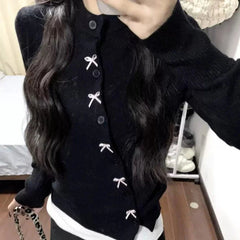 Aiertu Korean Style Sweet Bow Knitted Cardigan Women Elegant Black Sweaters Kawaii Irregular Long Sleeve Cardigan Aesthetics Aiertu