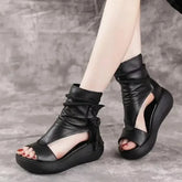 Aiertu Vintage Leather Cool Boots Mid Heels Wedges Shoes Women Ladies Strap Casual Sandalias Fashion Rear Zipper Sandals Spring Summer Aiertu