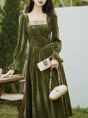 Aiertu Elegant Vintage Velvet Midi Dress Women Lace Patchwork Slim Korean Fairy Dress Female 2024 Spring Fashion Casual Party Dress Y2k Aiertu