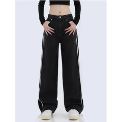 Aiertu American Vintage Black Spring Summer Zipper High Waist Straight Jeans Women's Casual Baggy Y2K Wide Leg Grunge Denim Trouse Aiertu