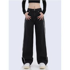 Aiertu American Vintage Black Spring Summer Zipper High Waist Straight Jeans Women's Casual Baggy Y2K Wide Leg Grunge Denim Trouse Aiertu