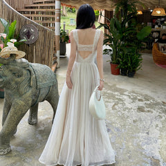 AIERTU - Summer French Elegant Vintage Party Dress Backless Sexy Lace Cinched Waist Spaghetti Strap Dress Chic Beach Vacation Long Dress Aiertu