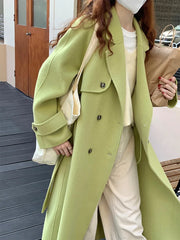 Aiertu Korean Style Fall And Winter Double Breasted Long 100% Wool Coats Women Handmade Suit Collar Loose Lace Up Woolen Jackets Aiertu