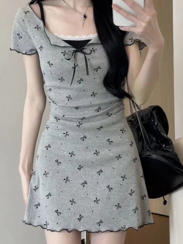 Aiertu Y2k Coquette Sweet Kawaii Bow Print Lace Mini Dress Women 2024 Spring Summer Fashion Japanese Harajuku Short Dresses Aiertu