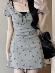 Aiertu Y2k Coquette Sweet Kawaii Bow Print Lace Mini Dress Women 2024 Spring Summer Fashion Japanese Harajuku Short Dresses Aiertu