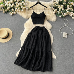 Aiertu Summer Lace Patchwork Beach Two Pieces Sets Women Sexy Camisole+A Line Long Skirt Fashion Elastic Bohemian Suits Aiertu