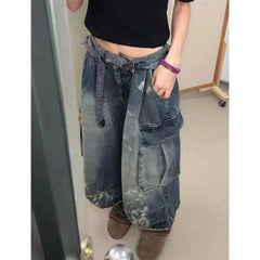Aiertu American Retro Blue Pocket Denim Pants Women Summer Low-waisted Jeans 2024 New Straight Loose Wide Leg Shorts Y2k Streetwear Aiertu
