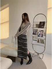 Aiertu Long Sleeve Striped Harajuku T-shirt Women Fake Two Pieces Tops Y2k Vintage T Shirt Grunge Aesthetic Korean Style Tops Aiertu