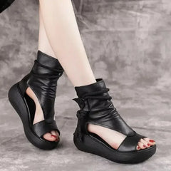 Aiertu Vintage Leather Cool Boots Mid Heels Wedges Shoes Women Ladies Strap Casual Sandalias Fashion Rear Zipper Sandals Spring Summer Aiertu