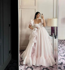 Aiertu Princess Prom Dresses Cap Sleeves Organza Long Prom Gowns Cap Sleeves Ruched Special Occasion Dress A-Line Party Dress Aiertu