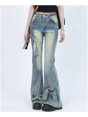 Aiertu Ribbon design slim denim Retro High Street Flare Jeans for Women's Spring New High Waist Slim Bow Design Baggy Vintage 90s Aesthetic Y2k Pants Aiertu