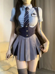 Autumn College Style JK Uniform Set Slim Shirt with Striped Tie Y2K Girls High Waist A- Line Pleated Skirt Fashion Suit Aiertu