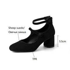 Aiertu Spring Women Pumps Split Leather Shoes for Women Round Toe Chunky Heel Shoes Retro Round Heel Mary Janes Solid Black Shoes Aiertu