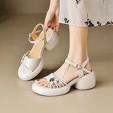 Aiertu Summer Woman Sandals Split Leather Shoes for Women Round Toe High Heel Shoes Open Toe Chunky Heel Sandals Casual Platform Shoes Aiertu
