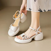 Aiertu Summer Woman Sandals Split Leather Shoes for Women Round Toe High Heel Shoes Open Toe Chunky Heel Sandals Casual Platform Shoes Aiertu