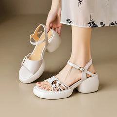 Aiertu Summer Woman Sandals Split Leather Shoes for Women Round Toe High Heel Shoes Open Toe Chunky Heel Sandals Casual Platform Shoes Aiertu