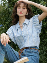 Aiertu Blue Striped Fairycore Blouse Women Puff Short Sleeve Shirts Feminina Casual Sweet Korean Fashion Chic Tops Summer New Aiertu