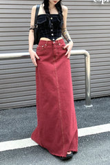 Aiertu Women's Red Split Back Denim Skirt Summer Chic Design Street Style Solid Color Female Straight Floor Length Long Skirts Aiertu