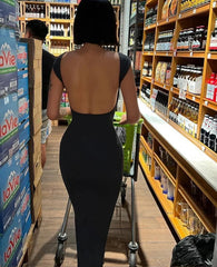 Aiertu Solid Sexy Backless Maxi Dress Women Elegant Elastic Slim Short Sleeve Long dresses Female Bodycon Streetwear Clothing Aiertu