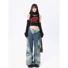 Aiertu Blue Jeans Women Streetwear Fashion Y2K High Waist American Wide Leg Pants Denim Female Pants Autumn Straight Trousers Aiertu