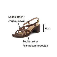 Aiertu Summer Women Shoes Open Toe Chunky Heel Women Sandals Split Leather High Heels Cross-tied Shoes Handmade Shoes for Women Aiertu
