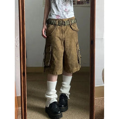 Aiertu Brown Women's Shorts Jeans High Waist Straight Pants Streetwear Y2K Vintage Female Wide Leg Denim Five Points Boyfriend Trouser Aiertu
