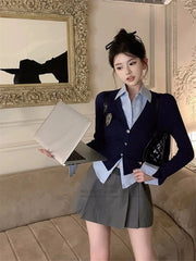 Preppy Style 2024 New Spring Women Korean JK Uniform Set Long Sleeve Navy Mock Two-Piece Shirt Top Jacket A line Skirt Suit Girl Aiertu