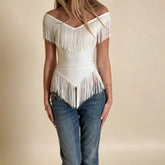 AIERTU - Casual V-Neck Fringe Top For Women Off Shoulder Short Sleeve Asymmetric Hem Slim Fit T-Shirt Lady's Western Style Daily Tops Aiertu