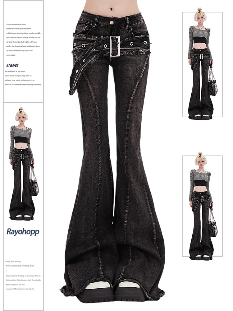 Aiertu Women's Y2k Flare Jeans Baggy Harajuku Korean Black Gothic Denim Trousers Japanese 2000s Style Jean Pants Vintage Trashy Clothes Aiertu