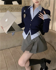 Preppy Style 2024 New Spring Women Korean JK Uniform Set Long Sleeve Navy Mock Two-Piece Shirt Top Jacket A line Skirt Suit Girl Aiertu