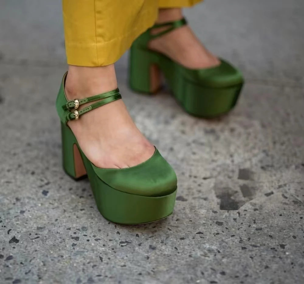 AIERTU - Elegant Lady Wedding Shoes Retro Green Satin Platform Round-Toe Chunky Heels Shoes Gold Buckle Double Ankle Straps Design Aiertu