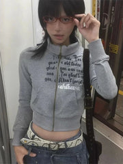 Aiertu Vintgae American Retro Letter Print Zipper Hoodie 2024 Spring Fashion Y2k Japanese Harajuku Cropped Sweatshirt Women Aiertu