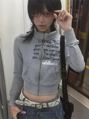 Aiertu Vintgae American Retro Letter Print Zipper Hoodie 2024 Spring Fashion Y2k Japanese Harajuku Cropped Sweatshirt Women Aiertu
