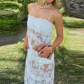 AIERTU - Summer Sleeveless Suspender Maxi Dresses Lace Embroidery Flower See Through Long Dress White Sexy Slash Neck Women's Party Dress Aiertu