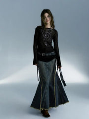Aiertu Black Gothic Print Graphic Tees Off Shoulder T Shirt Women Clothes Long Sleeve Streetwear Lace Up Autumn Ladies Tops Y2k Aiertu