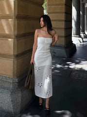 AIERTU - Hollow Flower Tube Top Knitted Dress Casual Style Waist Versatile Breathable Sleeveless Straight Skirt Aiertu