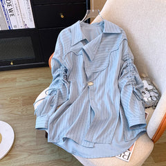 Aiertu Korean Style Striped Folds Long Sleeve Single Breasted Shirt 2024 Spring Summer Women's Casual Turn-Down Collar Baggy Blouse Top Aiertu