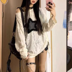 Aiertu Y2K Grunge Hole T-Shirt Star Print Ripped Streetwear Off Shoulder Tops Vintage Harajuku Oversized Kpop Long Sleeveloose Tees Aiertu